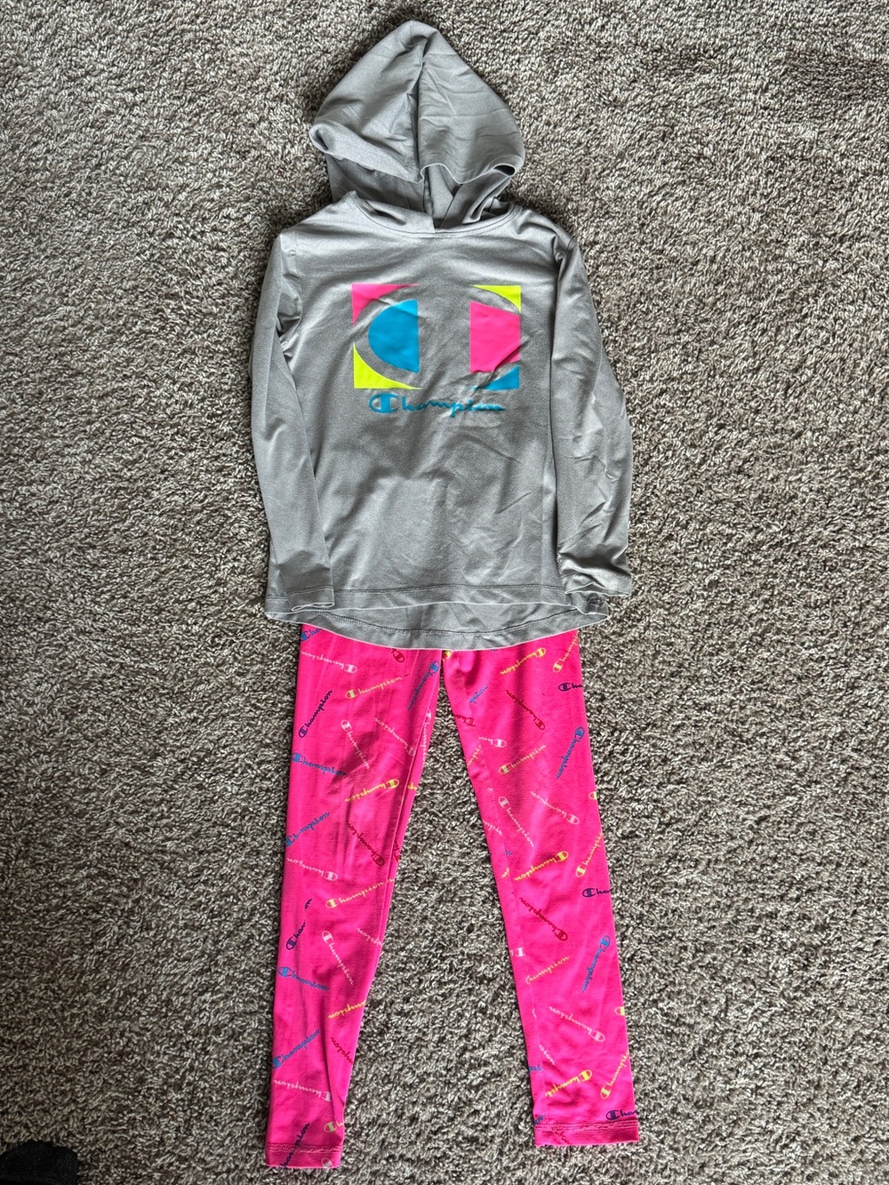 Champion Gray Hoodie with Neon Logo & Hot Pink Leggings